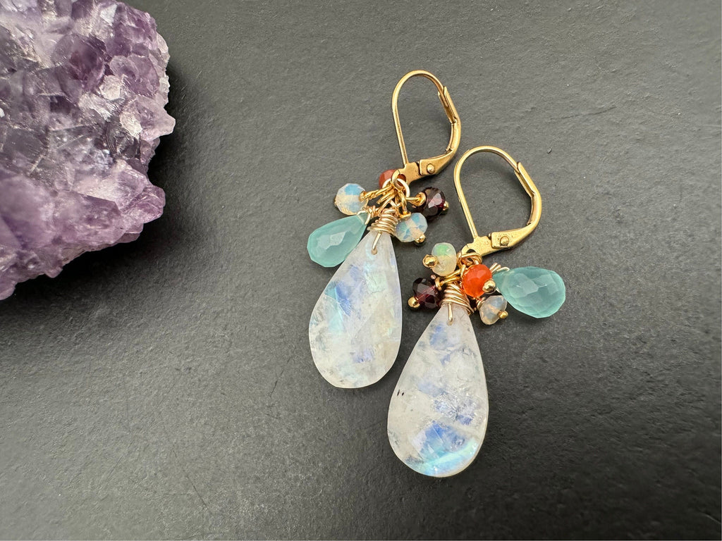 Rainbow Moonstone earrings, opal garnet aqua chalcedony wrapped, gemstone dangles, cluster earrings, moonstone drop earrings, jewelry gift