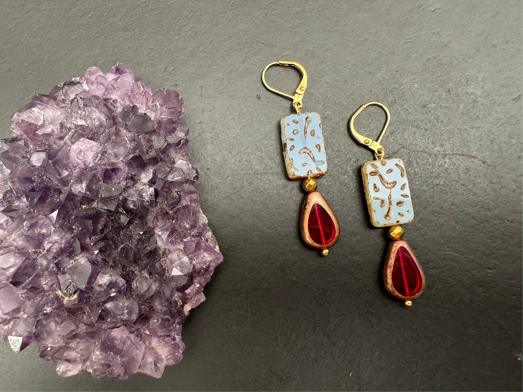 Picasso Czech glass Earrings, Boho Dangle Earrings, Vintage Jewelry, Czech Glass Earrings, Bohemian Hippie Earrings, unique gift for her
