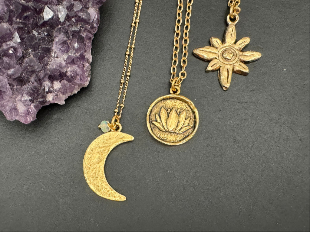 Boho jewelry, Antique gold pendant, celestial necklace, lotus charm necklace, star burst necklace, gifts for her, nickel free