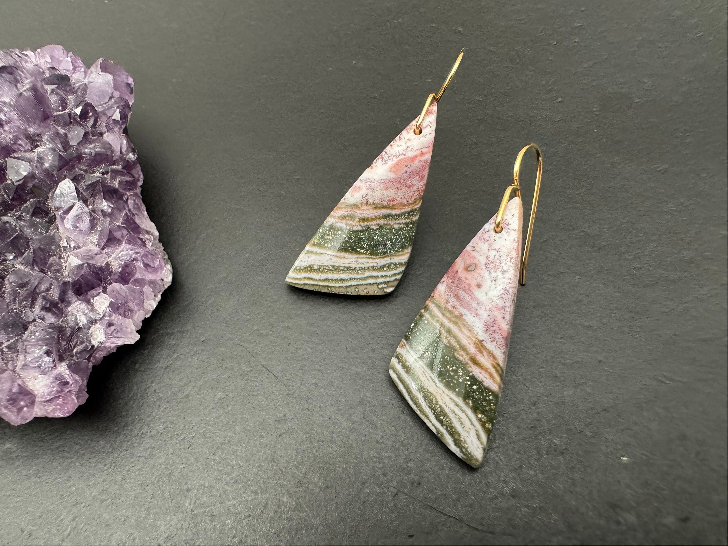 Ocean jasper earrings, natural stone earrings, jasper earrings, boho earrings, ear candy, gifts for her, gold plated ear hooks