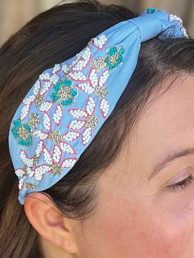 Floral headband, Statement Beaded Knot Headband, Handmade Knot Headband, Wide Knot Headband, Embellished Knot Headband, Seed Bead Headband