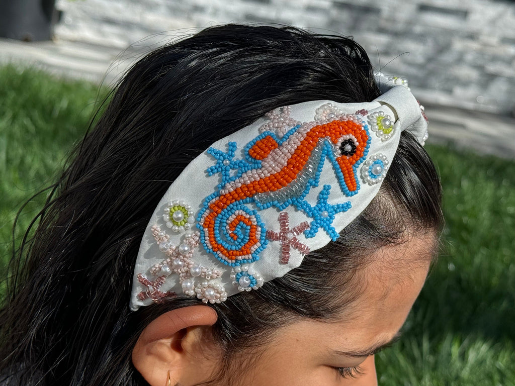Seahorse Beaded Knot Headband, Handmade Knot Headband, Wide Knot Headband, Embellished Knot Headband, Seed Bead Headband, gifts for her