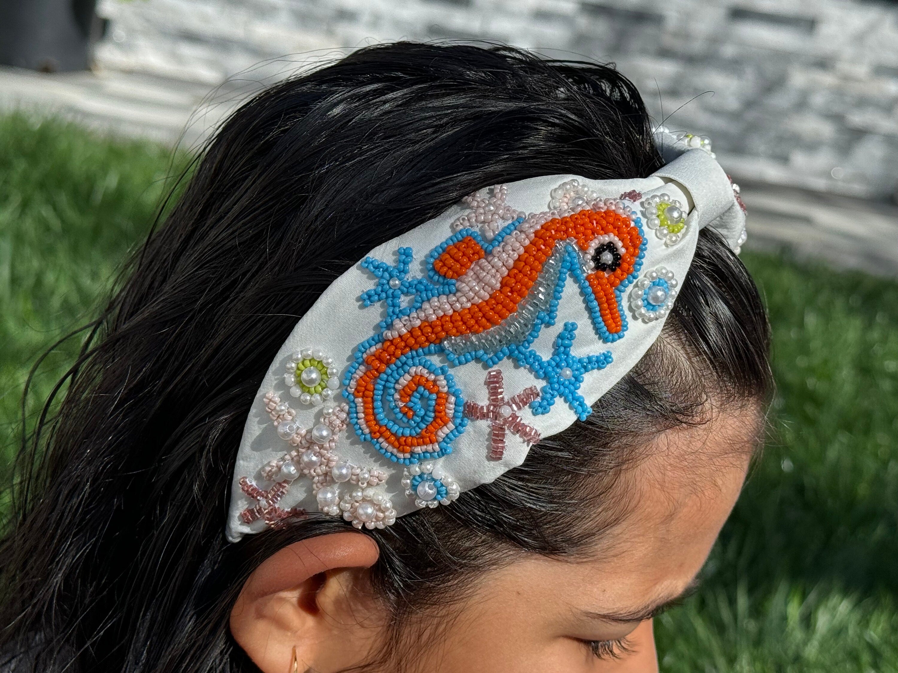 Seahorse Beaded Knot Headband, Handmade Knot Headband, Wide Knot Headband, Embellished Knot Headband, Seed Bead Headband, gifts for her