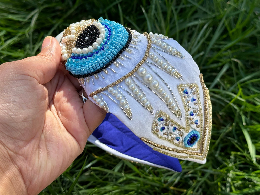 Evil Eye Headband, Handmade Knot Headband, Wide Knot Headband, Embellished Knot Headband, Seed Bead Headband, gifts for her, statement
