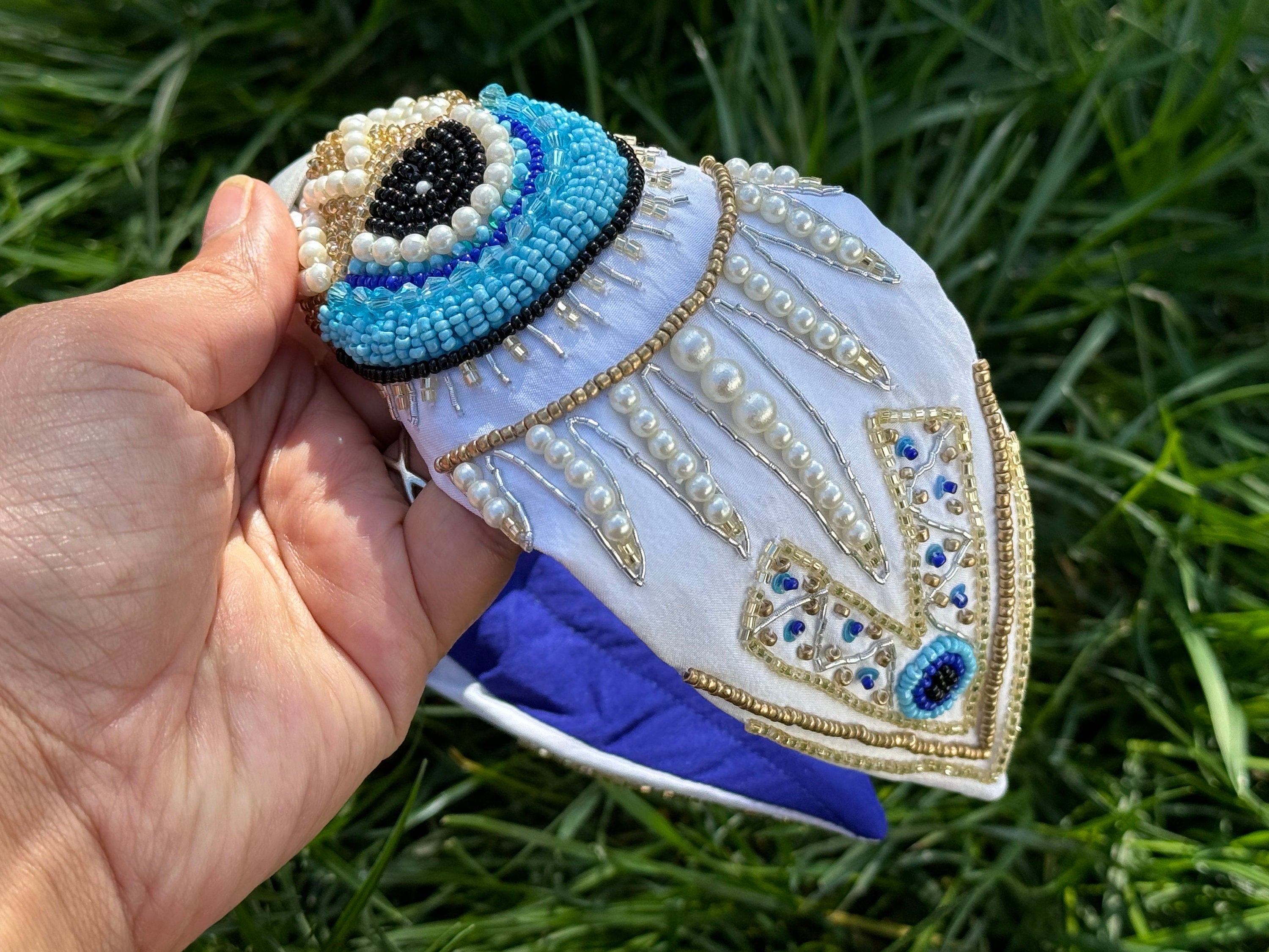 Evil Eye Headband, Handmade Knot Headband, Wide Knot Headband, Embellished Knot Headband, Seed Bead Headband, gifts for her, statement