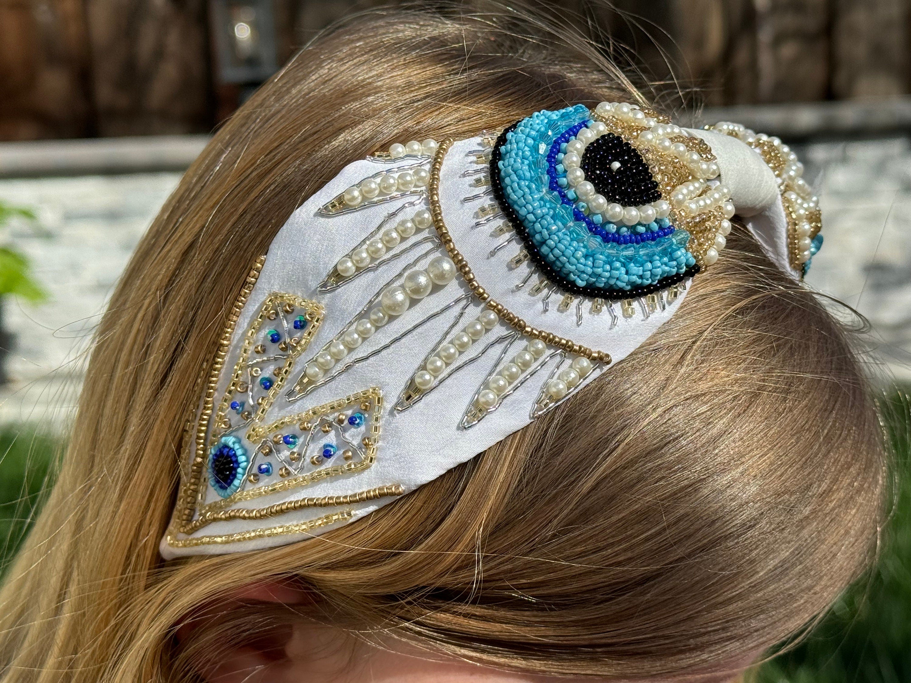 Evil Eye Headband, Handmade Knot Headband, Wide Knot Headband, Embellished Knot Headband, Seed Bead Headband, gifts for her, statement
