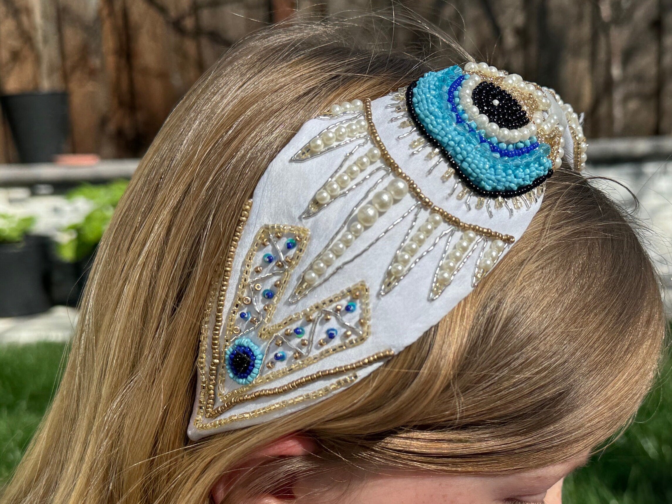 Evil Eye Headband, Handmade Knot Headband, Wide Knot Headband, Embellished Knot Headband, Seed Bead Headband, gifts for her, statement
