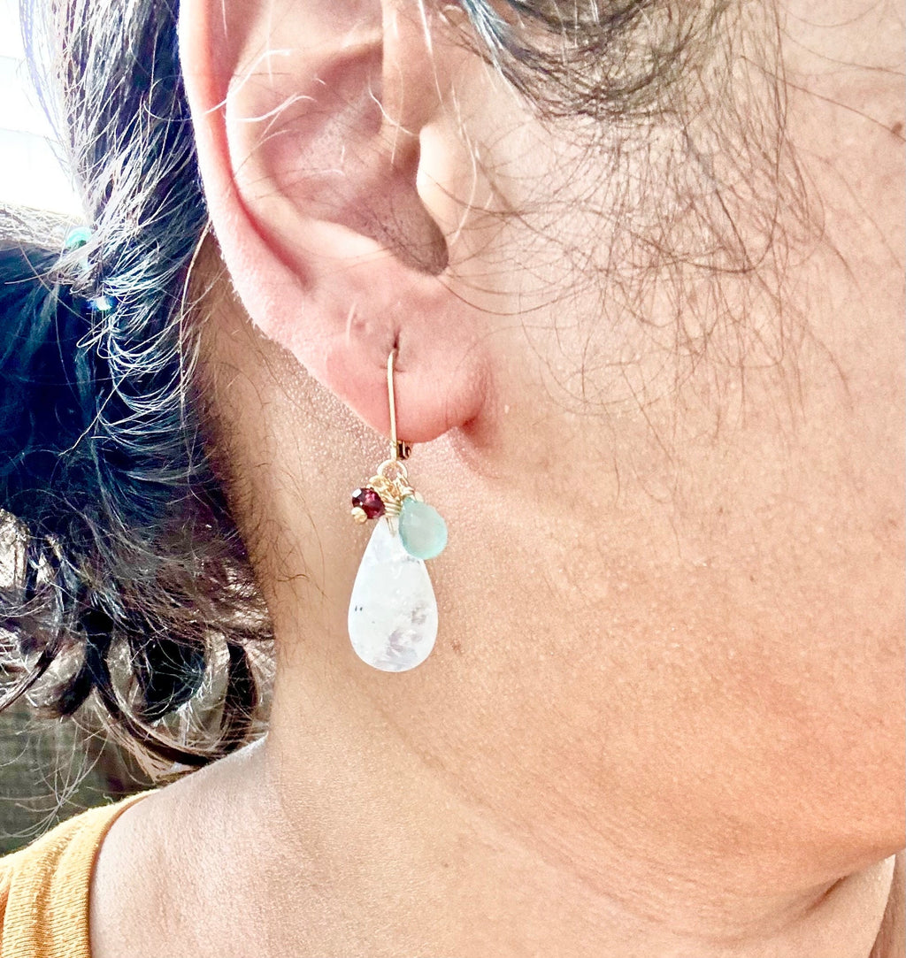 Rainbow Moonstone earrings, opal garnet aqua chalcedony wrapped, gemstone dangles, cluster earrings, moonstone drop earrings, jewelry gift