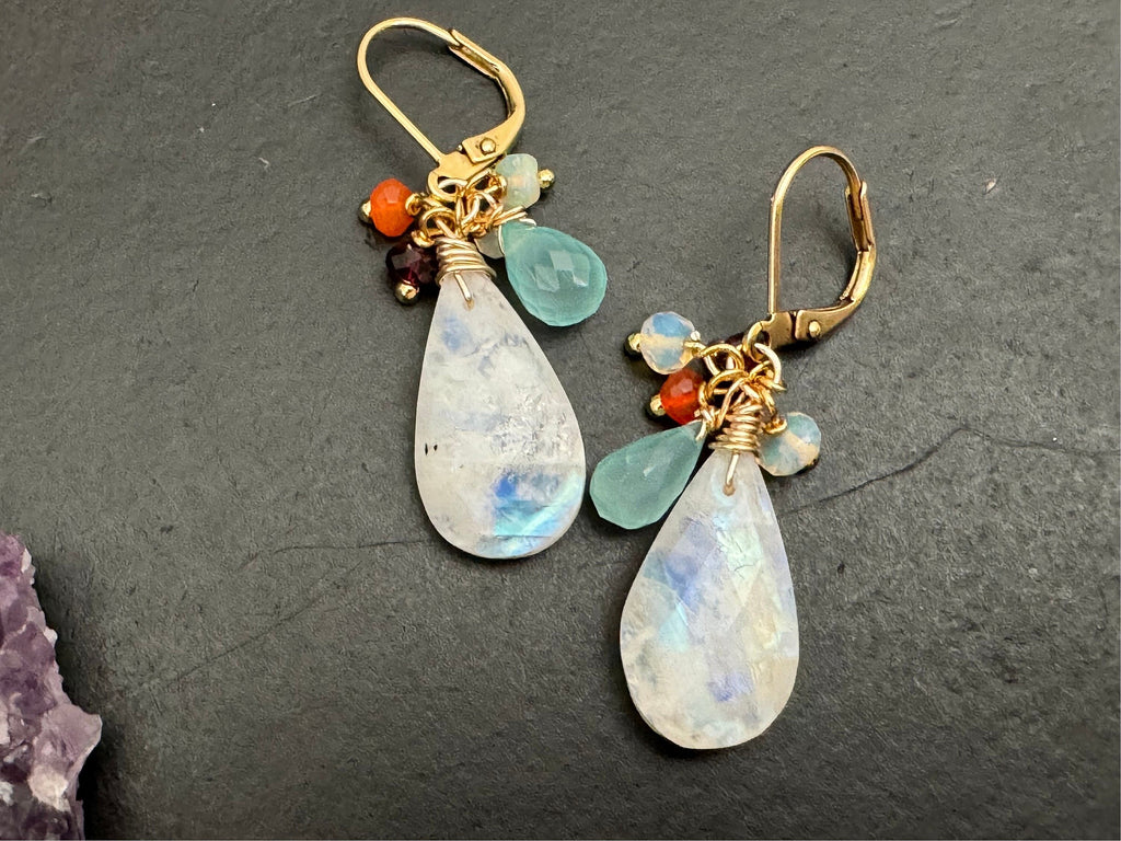 Rainbow Moonstone earrings, opal garnet aqua chalcedony wrapped, gemstone dangles, cluster earrings, moonstone drop earrings, jewelry gift
