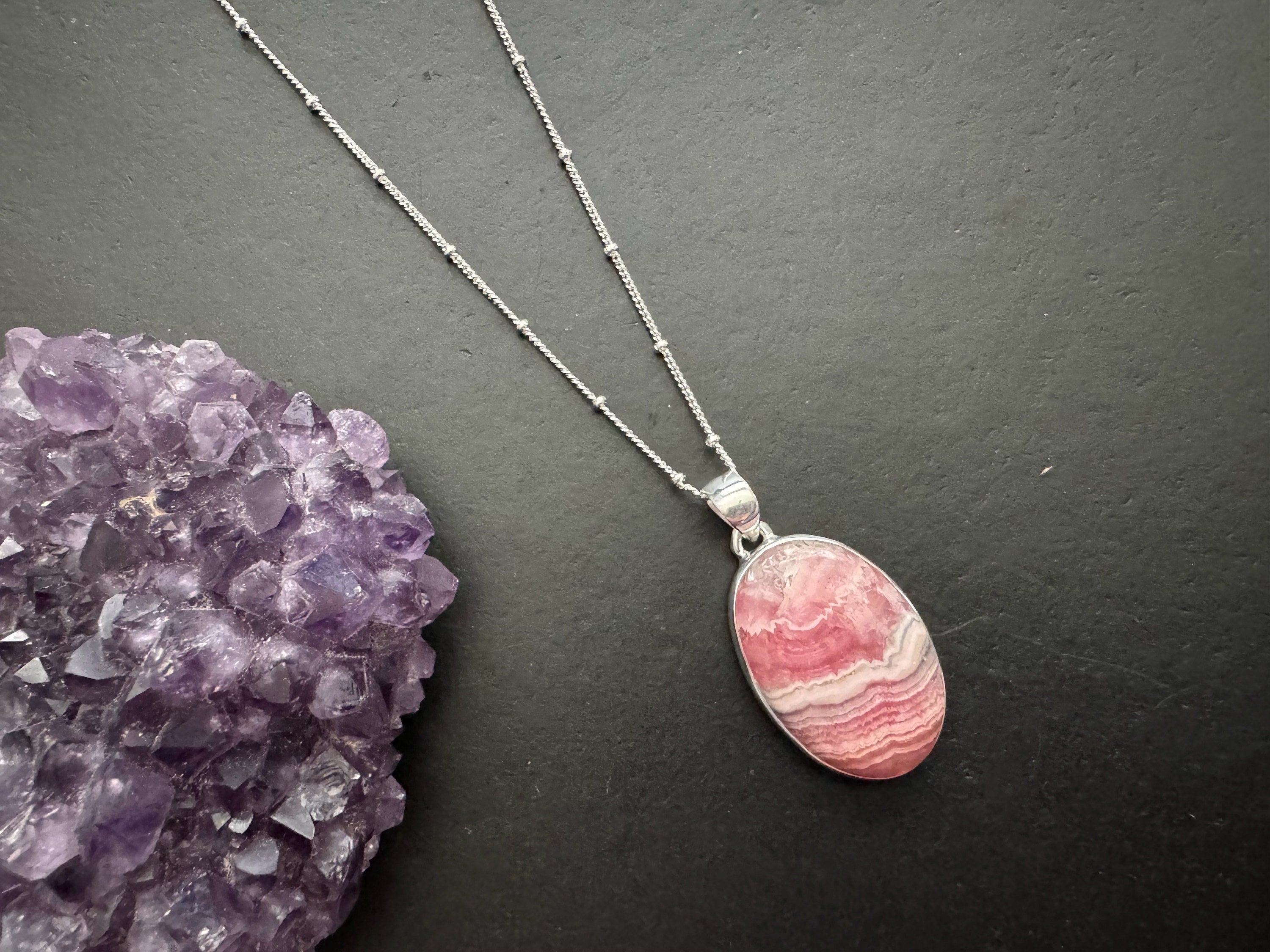 Rhodochrosite pendant , gifts for her, layering necklace, 925 sterling silver chain, natural stone pendant