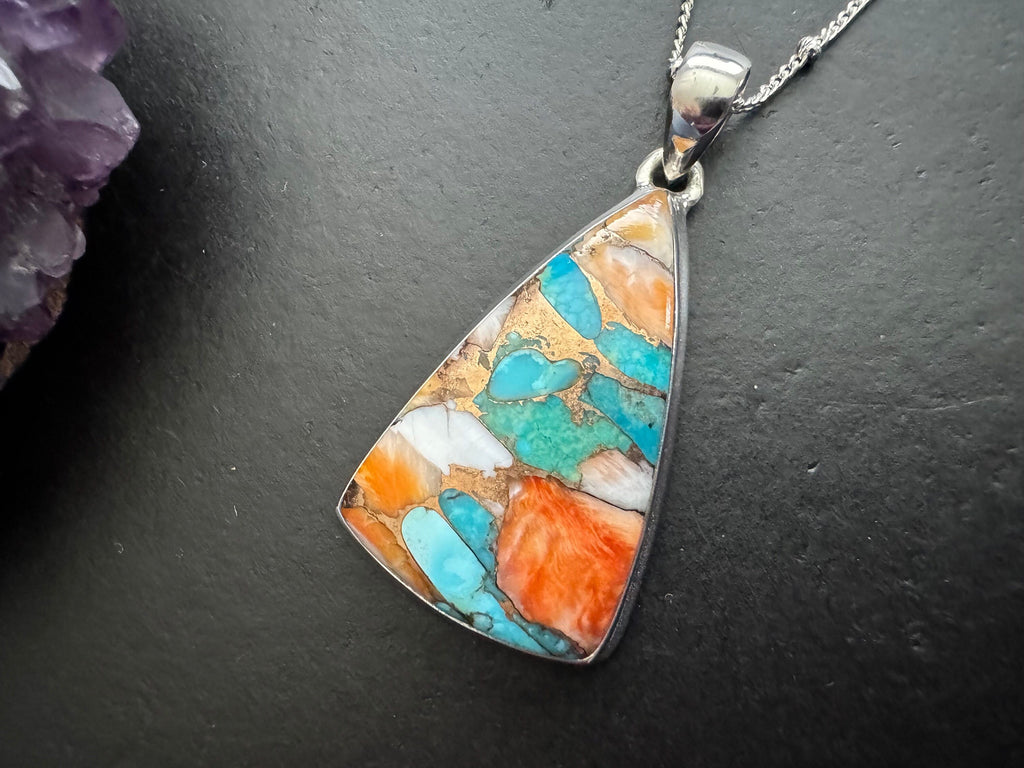 Spiny oyster pendant , layering necklace, 925 sterling silver chain, turquoise pendant
