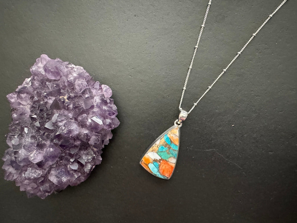 Spiny oyster pendant , layering necklace, 925 sterling silver chain, turquoise pendant