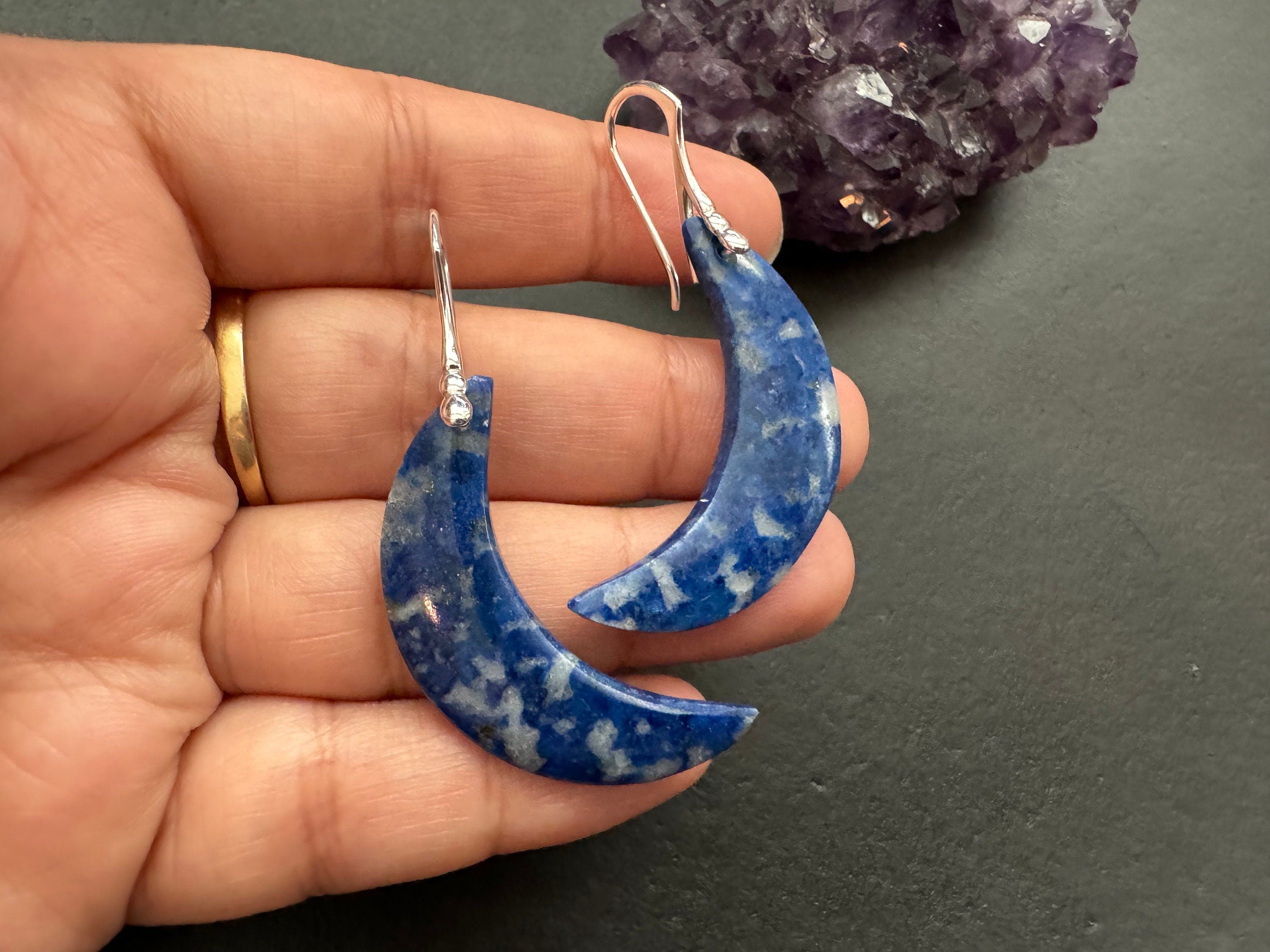 Lapis earrings, blue gemstone earrings, sterling silver earrings, moon earrings, celestial jewelry, natural stone jewelry