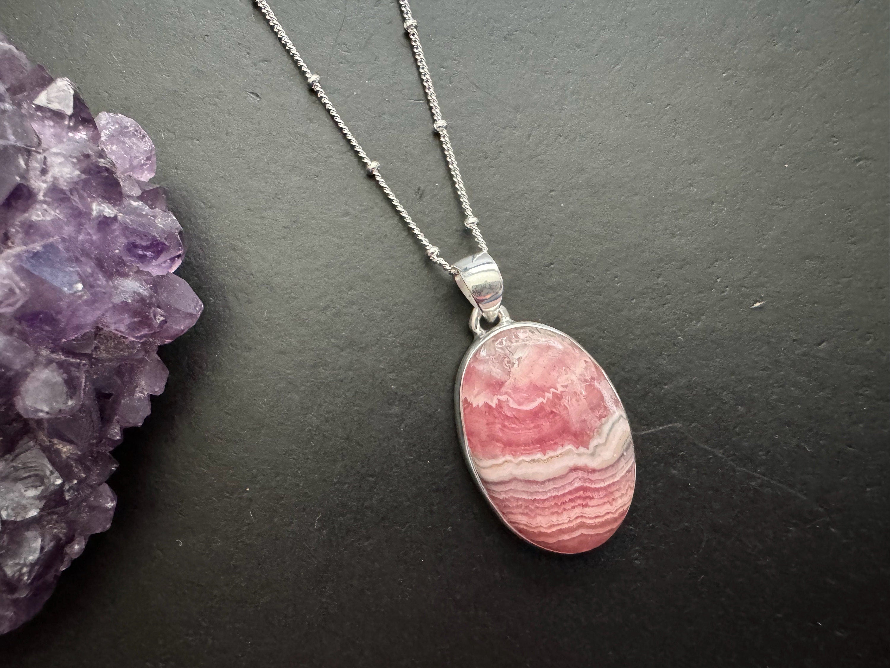 Rhodochrosite pendant , gifts for her, layering necklace, 925 sterling silver chain, natural stone pendant