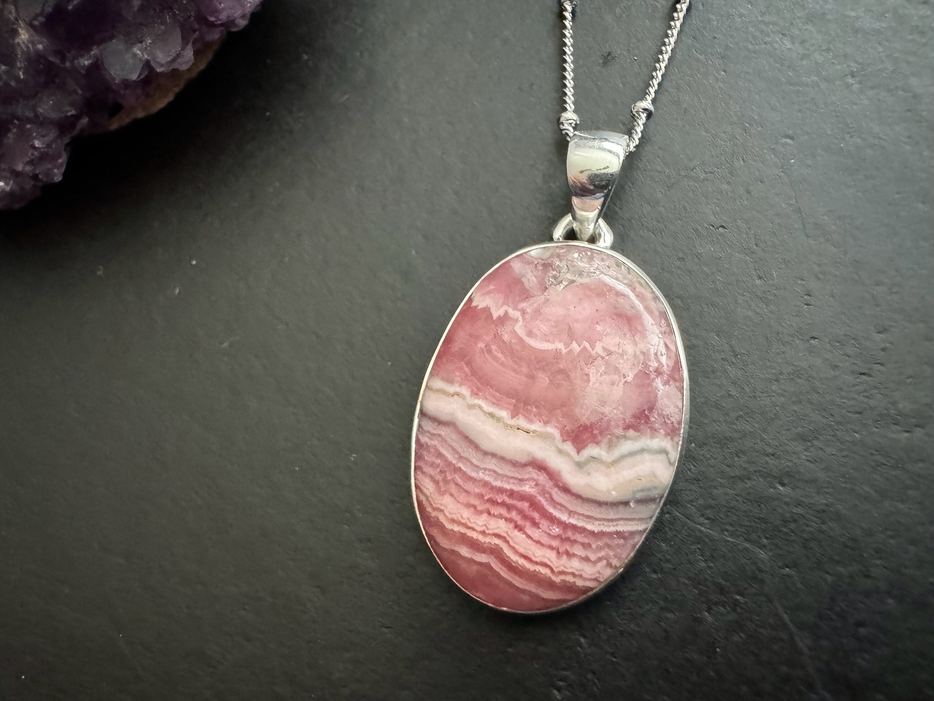 Rhodochrosite pendant , gifts for her, layering necklace, 925 sterling silver chain, natural stone pendant