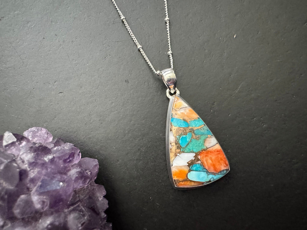 Spiny oyster pendant , layering necklace, 925 sterling silver chain, turquoise pendant