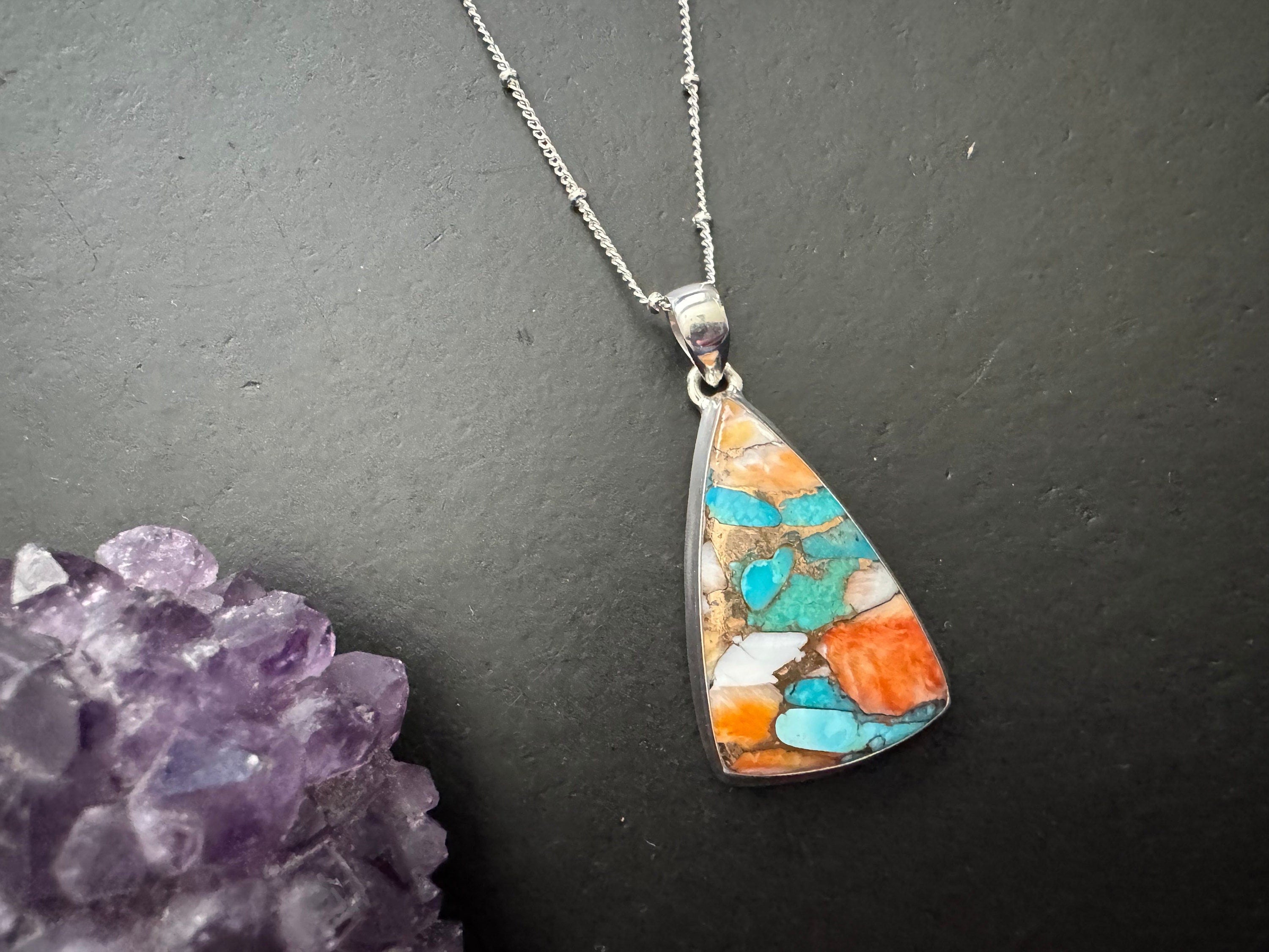 Spiny oyster pendant , layering necklace, 925 sterling silver chain, turquoise pendant