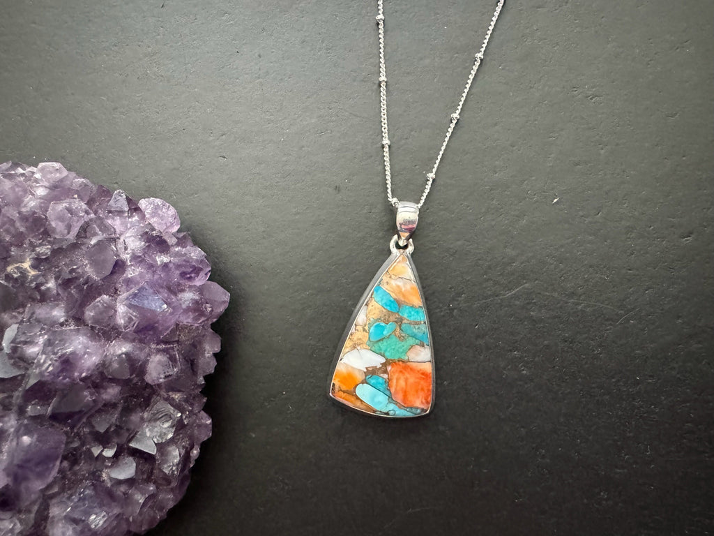Spiny oyster pendant , layering necklace, 925 sterling silver chain, turquoise pendant
