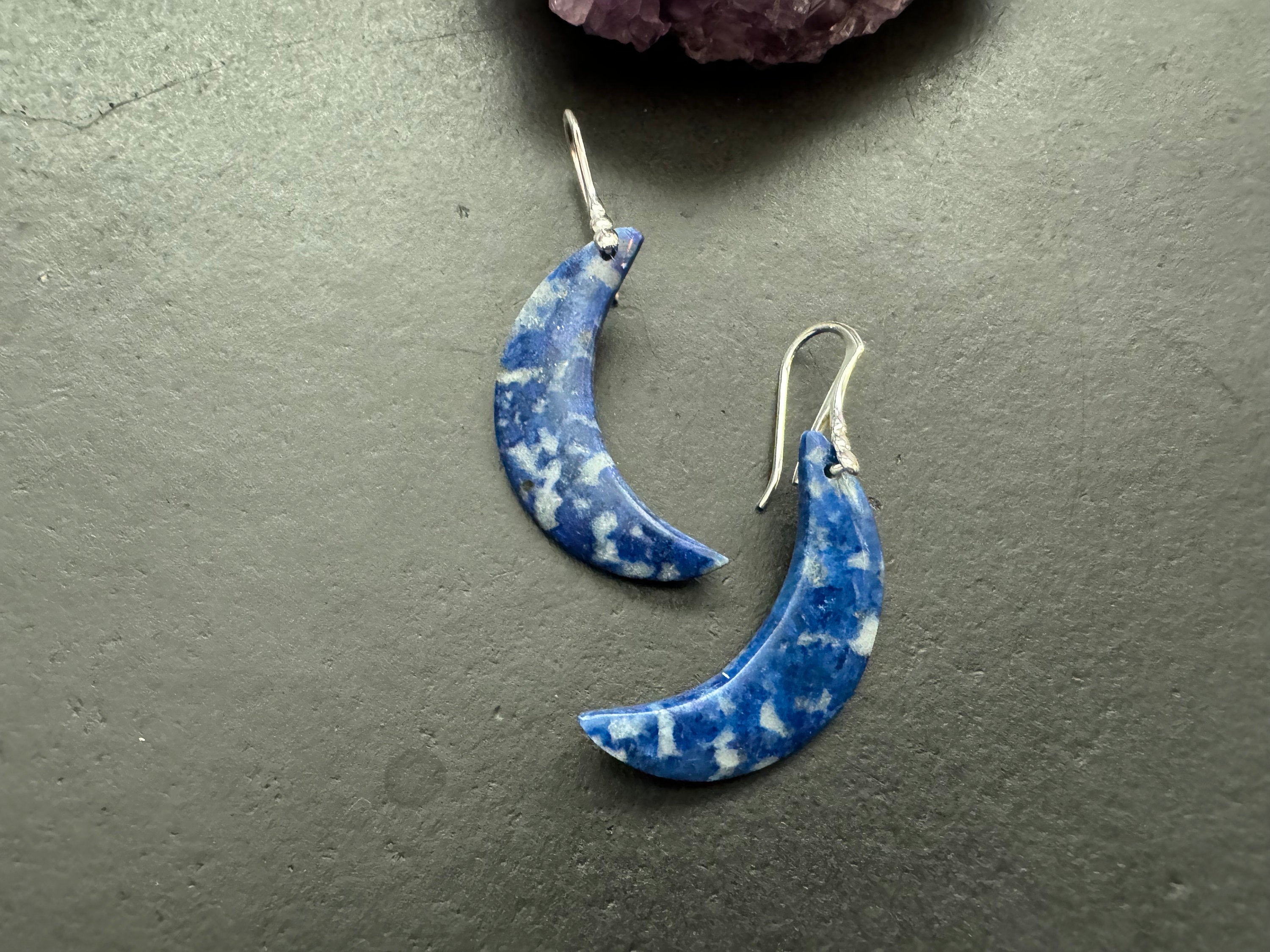 Lapis earrings, blue gemstone earrings, sterling silver earrings, moon earrings, celestial jewelry, natural stone jewelry