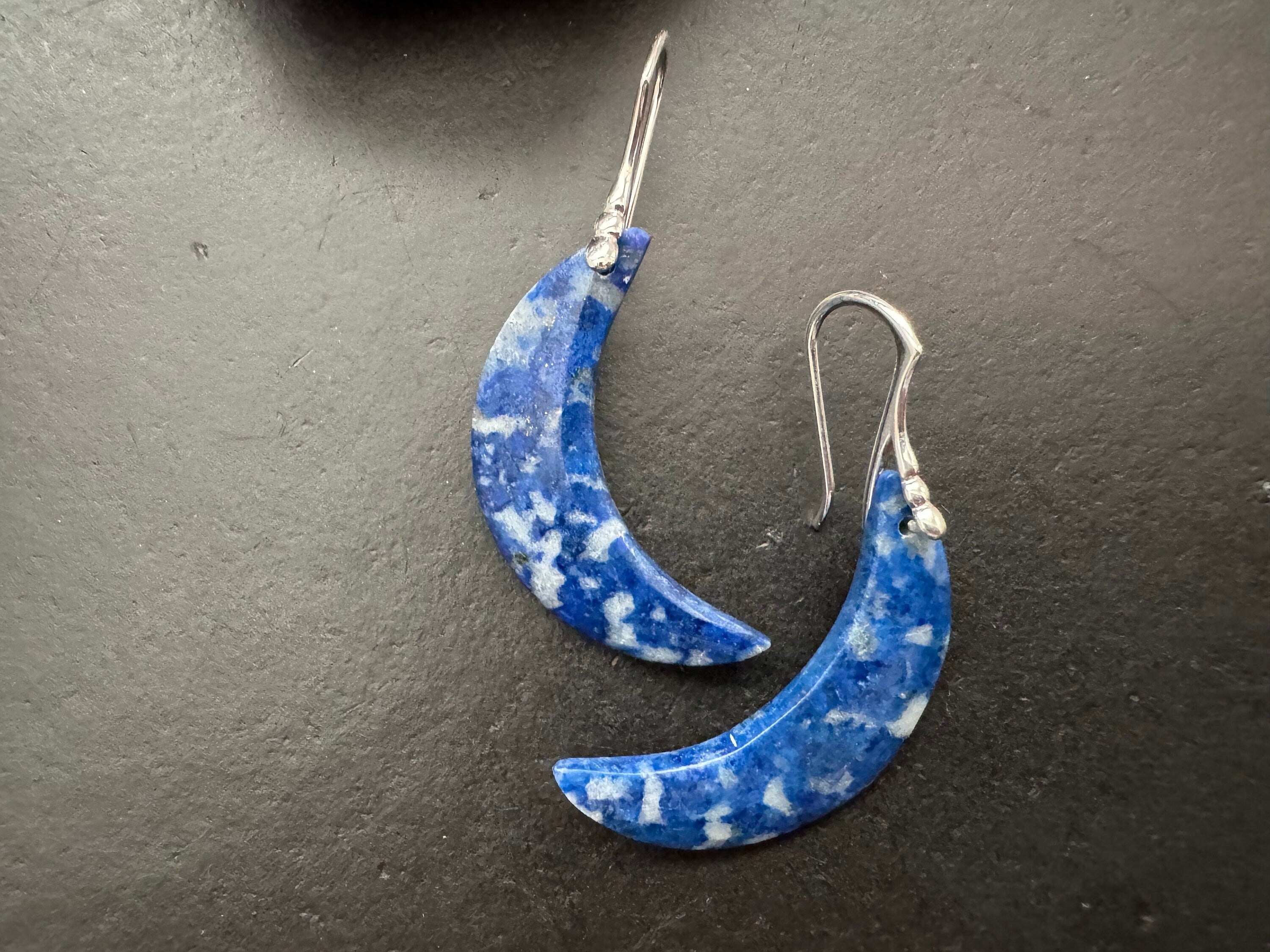 Lapis earrings, blue gemstone earrings, sterling silver earrings, moon earrings, celestial jewelry, natural stone jewelry