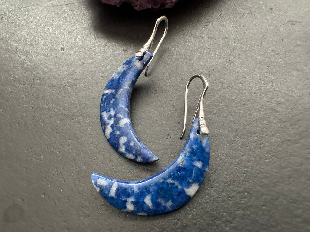 Lapis earrings, blue gemstone earrings, sterling silver earrings, moon earrings, celestial jewelry, natural stone jewelry