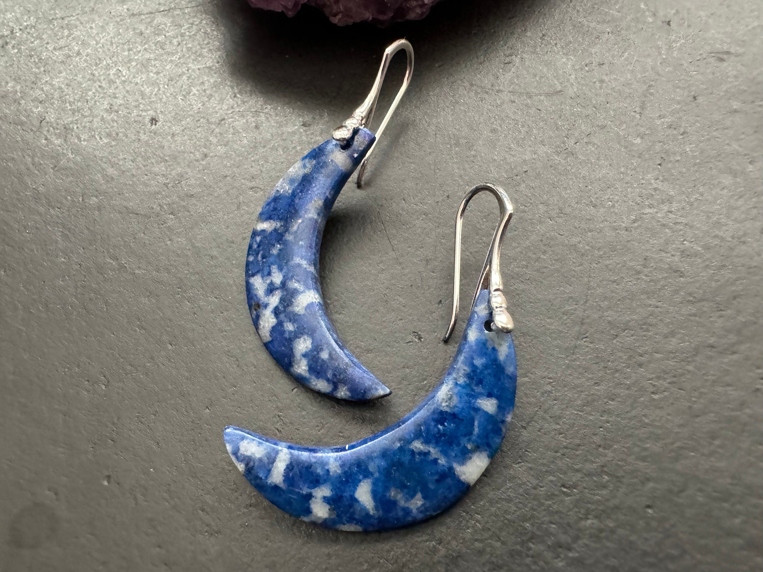 Lapis earrings, blue gemstone earrings, sterling silver earrings, moon earrings, celestial jewelry, natural stone jewelry