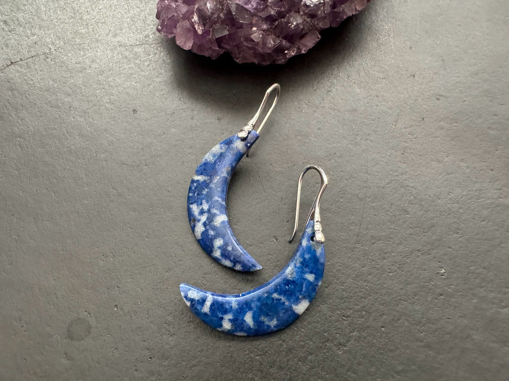 Lapis earrings, blue gemstone earrings, sterling silver earrings, moon earrings, celestial jewelry, natural stone jewelry