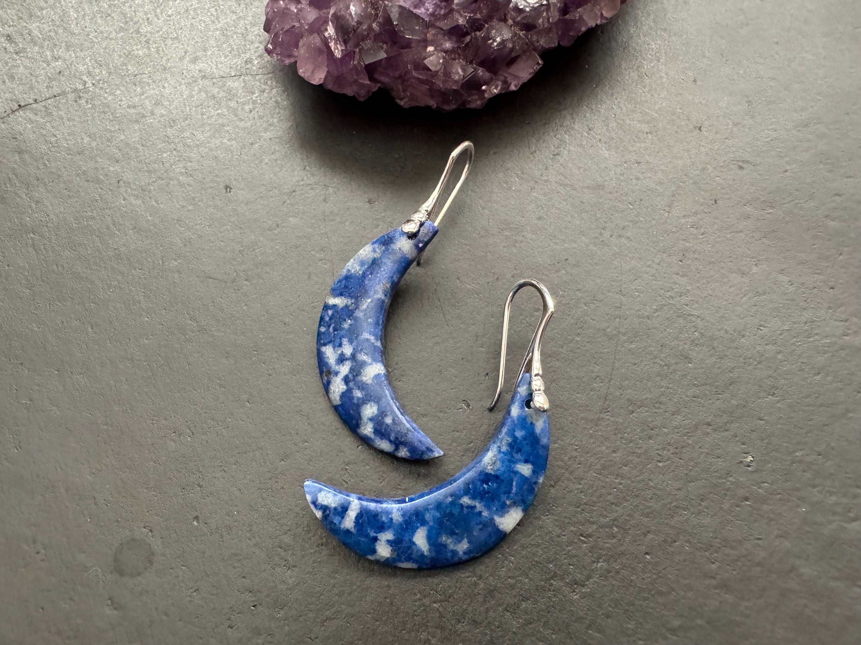 Lapis earrings, blue gemstone earrings, sterling silver earrings, moon earrings, celestial jewelry, natural stone jewelry