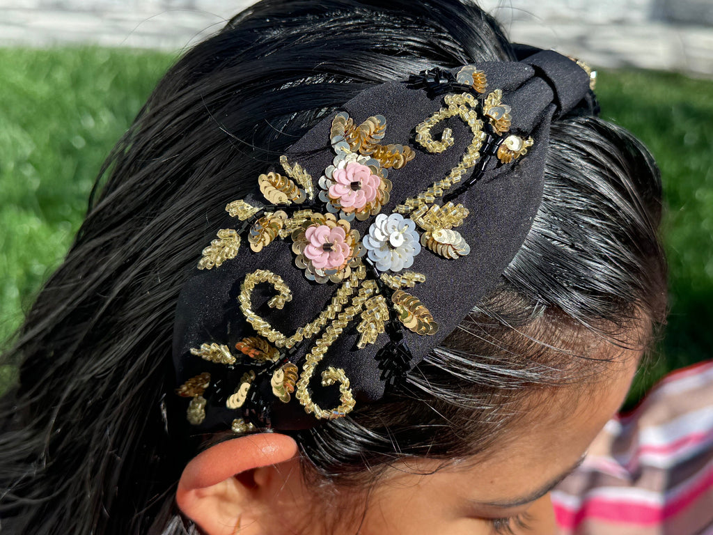 Floral statement headband, Handmade Knot Headband, Wide Knot Headband, Embellished Knot Headband, Seed Bead Headband, gifts for her