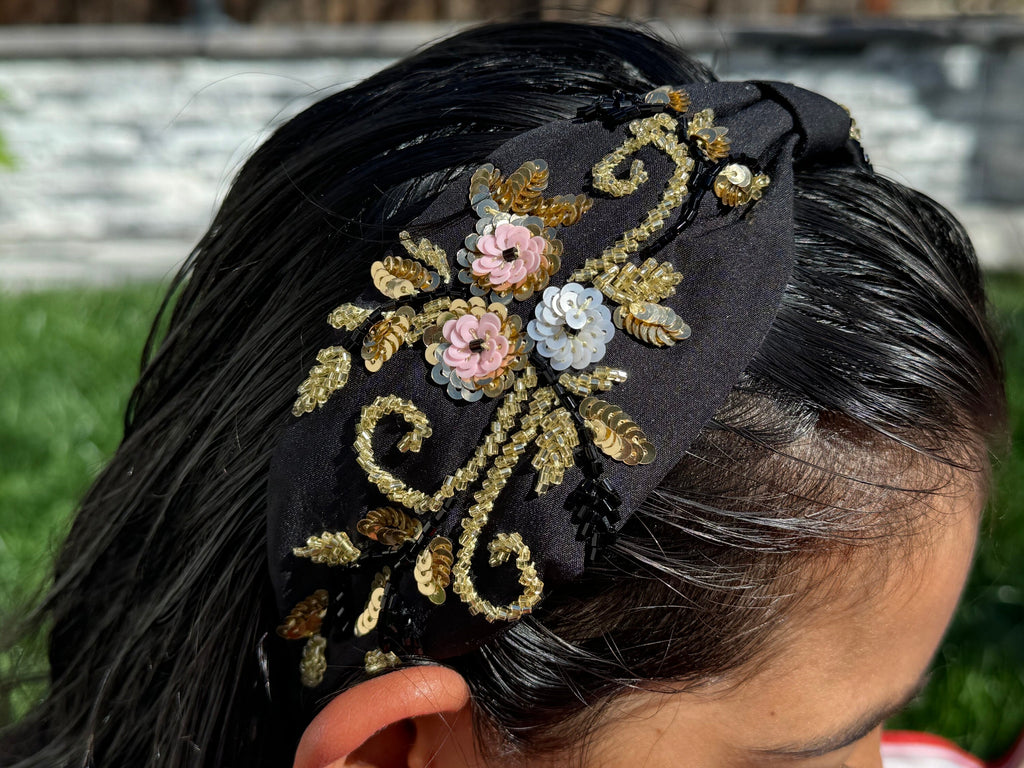 Floral statement headband, Handmade Knot Headband, Wide Knot Headband, Embellished Knot Headband, Seed Bead Headband, gifts for her