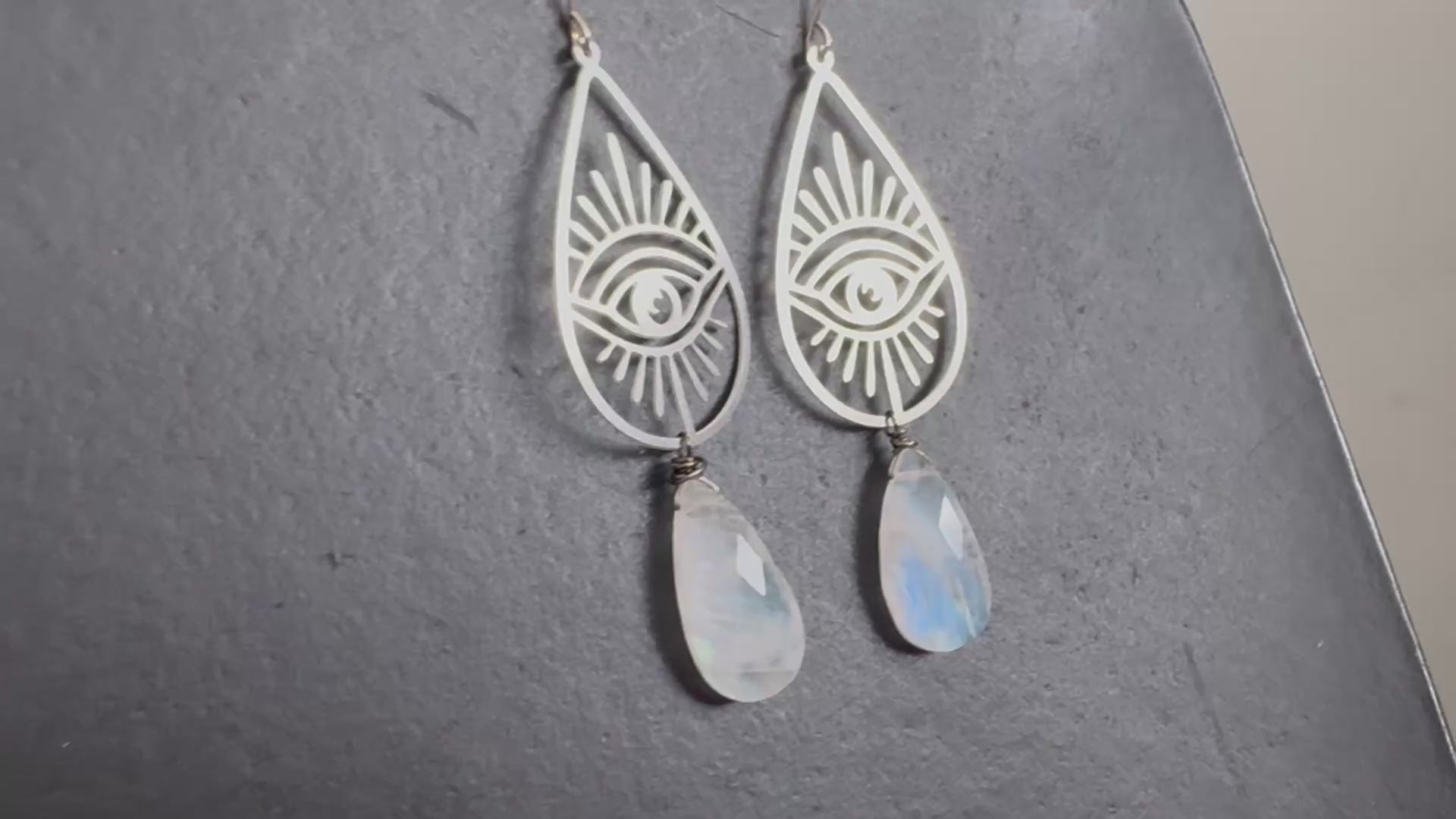 Statement earrings, moonstone dangles, Modern boho earrings, moonstone earrings, stainless steel eye earrings, Moonstone Evil Eye Teardrop Earrings
