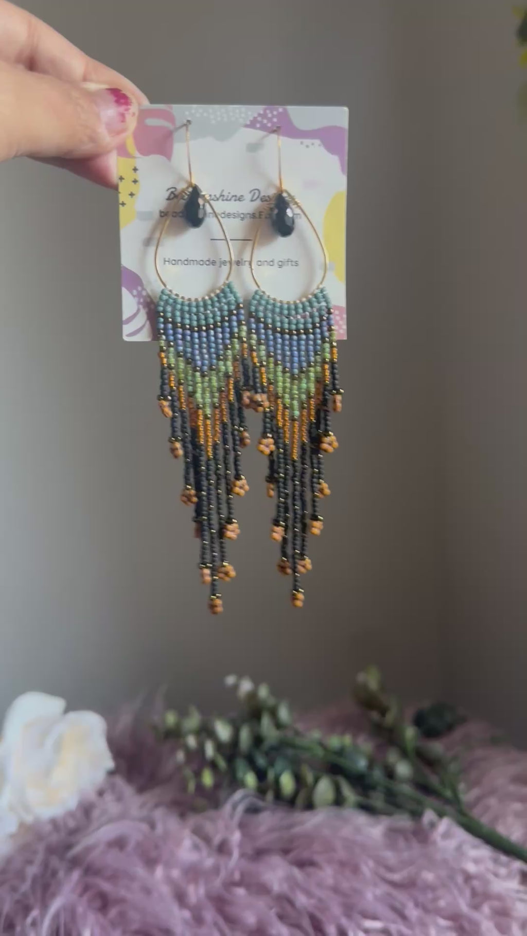 Handmade Statement beaded earrings, onyx gemstone earrings, medium length earrings, boho earrings, seed bead earrings, gift for women