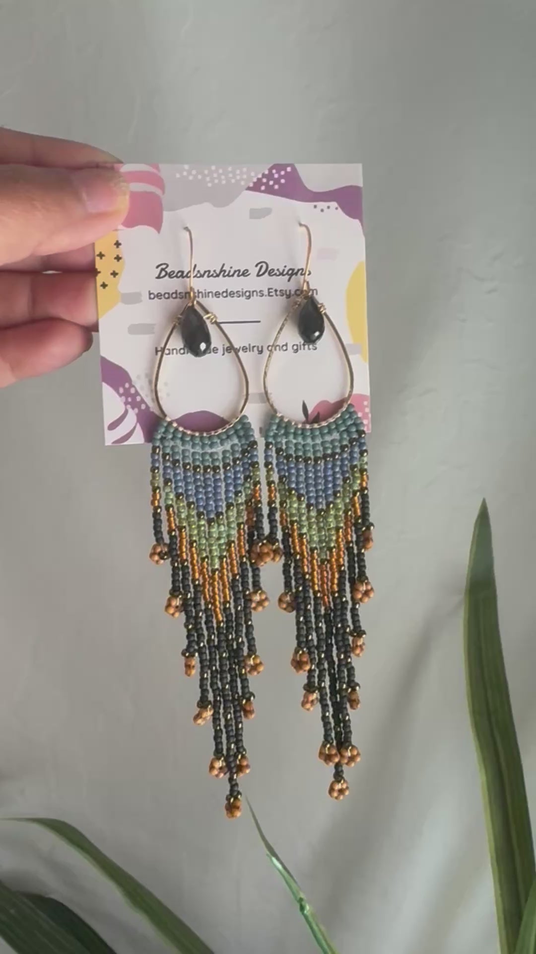 Handmade Statement beaded earrings, onyx gemstone earrings, medium length earrings, boho earrings, seed bead earrings, gift for women