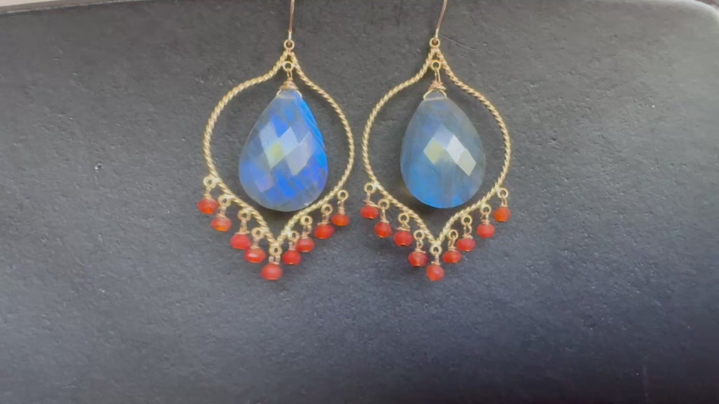 Labradorite Chandelier Earrings,Vermeil Gold, Carnelian beaded earrings, gifts for her