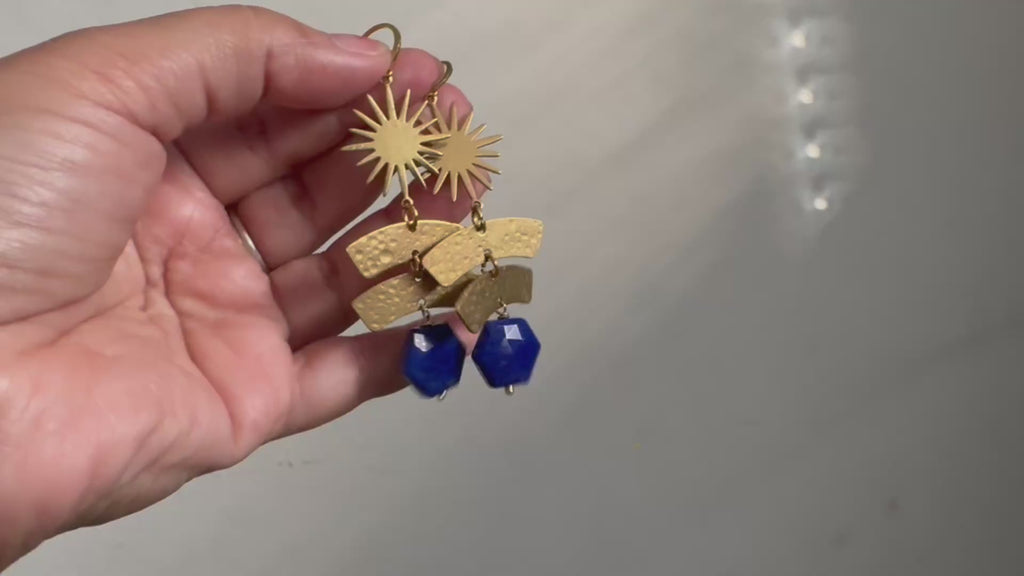 Lapis lazuli earrings,Statement earrings, Modern brass earrings,brass earrings
