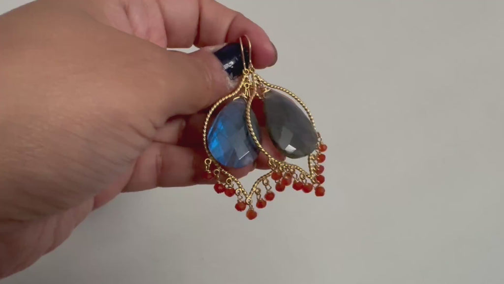 Labradorite Chandelier Earrings,Vermeil Gold, Carnelian beaded earrings, gifts for her